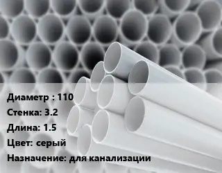 Труба ПВХ, поливинилхлорид 110 s=3.2 L=1.5 серый для канализации